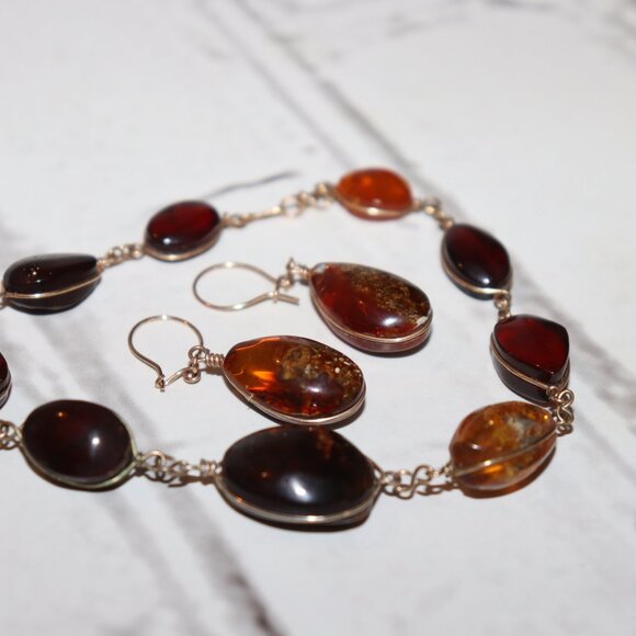 🍯 Vintage Gold & Amber Necklace + Earrings Set – 9" - Picture 3 of 4